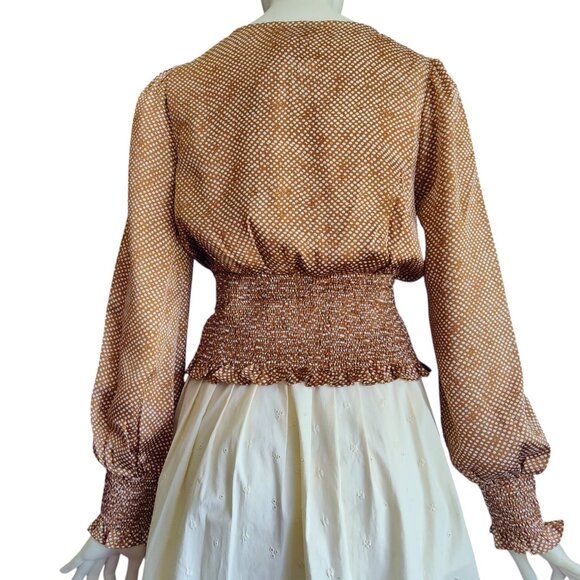LUCY Paris Nadia Carmel Brown Cream Polka Dot Smocked Waist Wrist Top Sz M NWT - Picture 2 of 11